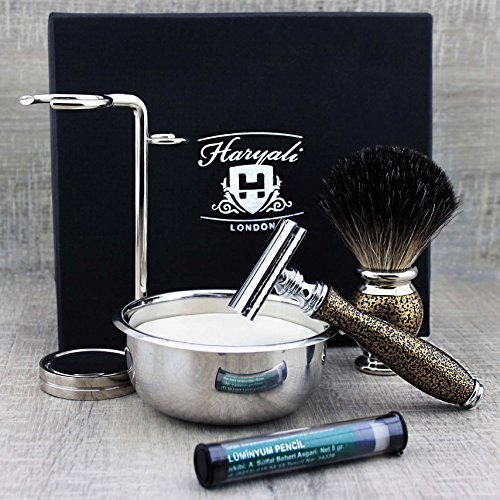 Haryali London, set da barba da uomo 5 pezzi: kit completo per la rasatura a umido con rasoio a doppia lama, pennello da barba in tasso, ciotola da barba, sapone da barba ed elegante support
