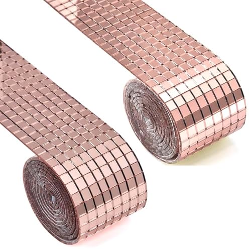 Bamyli 2 Rollen Mosaik Spiegel 2928 Stück Spiegel Mosaik Selbstklebend Fliesen Disco Kugel, Mosaikfliesen Quadratische Glasspiegel Mosaikfliesen Spiegel 5x5mm für DIY Handwerk Dekoration (Roségold)