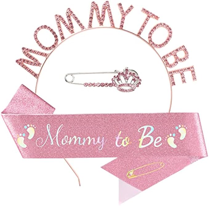 Mom to be Baby Shower Decorations, Mommy to be Sash and Tiara Set Mother to be Crown Mommy to be Pin Maternity Gift for Her, for Gender Reveal and Baby Girl Showers, Pink