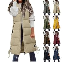 Women's Long Puffer Vest Casual Sleeveless Hooded Vest Winter Lightweight Full Zip Outdoor Fall Winter Jacket Coat