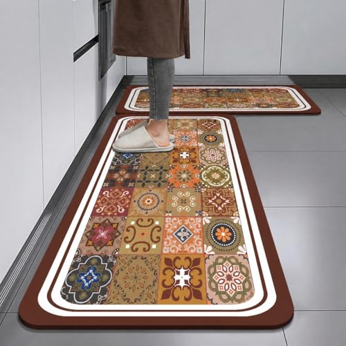 Image of HomeCloud Rubber Kitchen Mats for Floor Set of 2 Pcs|Non-Skid, Soft Absorbent Rugs for Kitchen, Laundry, and Hallway|120x40cm, 40x60cm| 4mm Thickness (Maroon Khaki Multi)