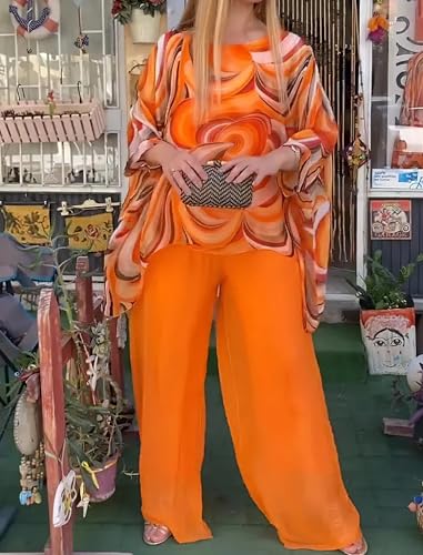 Womens Plus Size 2 Piece Sets Oil Painting Chiffon Long Sleeve Shirts Asymmetrical Hem Tops and Wide Leg Pants2