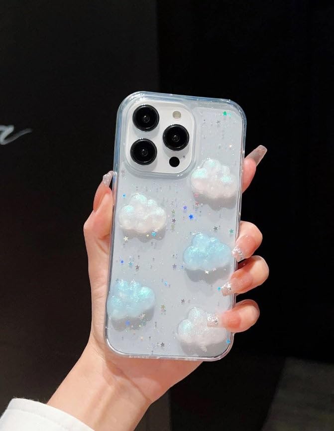 Image of COVERLY for iPhone 12 Pro 3D Luxury Cloud Resin Decor Case,Trendy Translucent Cute Hard Epoxy Art Crystal Clear -Non Yellowing Love Heart Doll Dreamy Candy Princess Cover for Apple iPhone 12 Pro