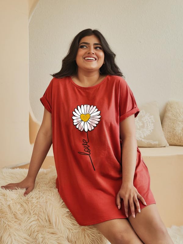 Image of Fflirtygo Women's Cotton Nighty | Printed Knee Length Nighty | Short Sleeve Nighty | Short Nightdress | Long T-Shirt | Regular Fit Night Gown | Nightwear | Sleepwear & Casual Wear Nighty