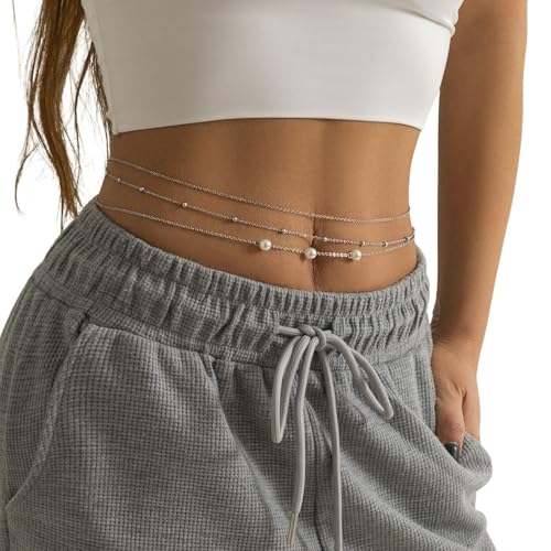 Image of Fabme Women's Waist Chain - Stylish Saree White Belly Chain - 3 Layer Body Hip Chain for the Waist Ladies Sexy Bikini Jewelry (26-42 In)