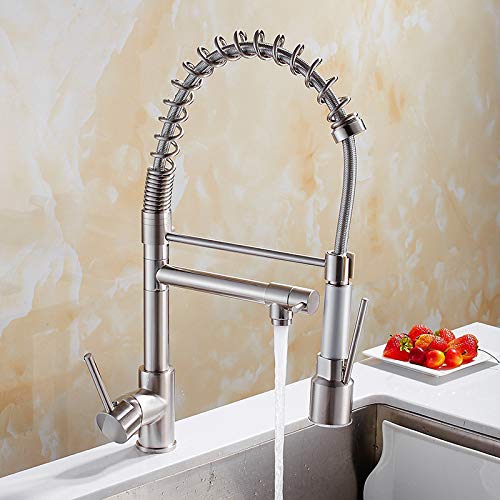 Brushedledkitchen Grifo De La Cocina Grifo Del Fregadero De Doble Cabezal El Mezclador Enfriado Por Agua Caliente Con La Cabeza De Ducha Extraíble Con Resorte Flexible Antiguo