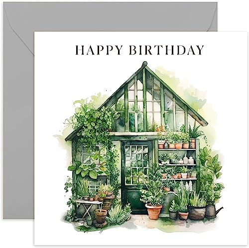 Old English Co.Green House Happy Birthday Card for Him or Her - Watercolour Special Birthday Gift for Gardener - B'day Card for Grandad, Grandmother, Mum, Dad | Blank Inside with Envelope