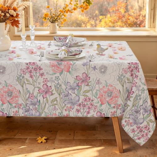 Honellaty Spring Summer Wildflowers Floral Herbs Tablecloth, Washable Wrinkle Free Elegant Texture Colorful Table Cover for Party Picnic Dinner Decor。52 x 70 Inch Rectangular