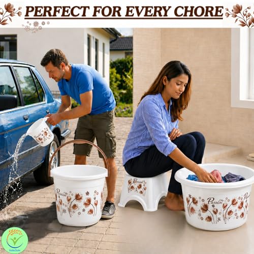 Image of Heavy Duty Virgin Plastic Large Capacity 20L Bucket, 5L Bucket, Stool,22L Deep Tub, Dustbin,1.5L Mug,1L Mug, Soap Case, Dustpan, Tooth Brush Stand Bathroom Set(K.White-Brown) - 10 Pieces