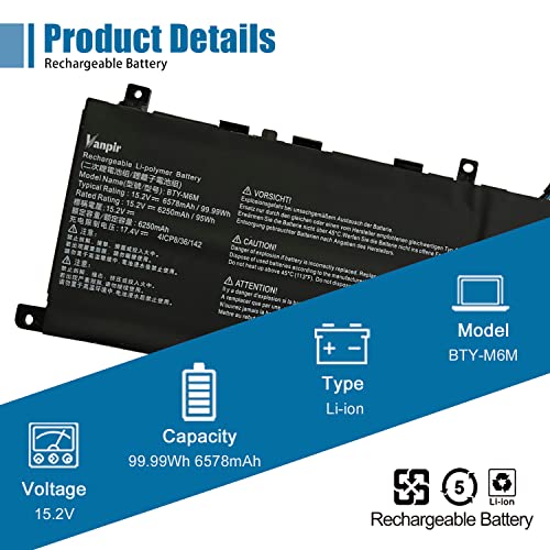 Image of BTY-M6M Laptop Battery Replacement for MSI Creator 15 A10SD A10SDT A10SE A10SET A10SEV A10SF A10SFT A10SGS 10TLT 10TM 10TMT 11UK 11UM 11UMT, WE76 11UK 11UM Series 4ICP8 /35 /142.