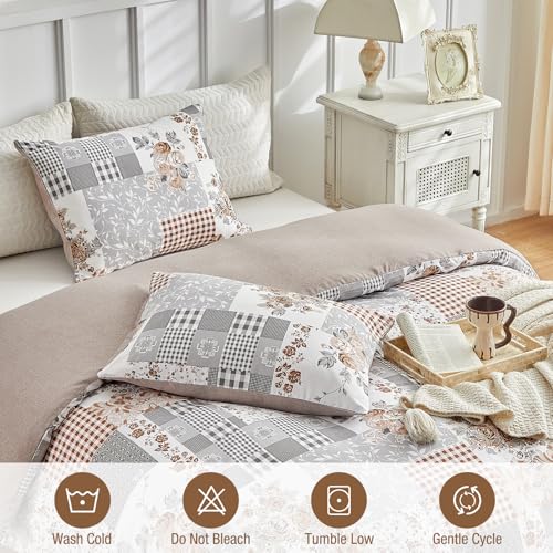 Image of Lekesky King Size Duvet Cover Set, Patchwork Floral 3 Pieces Reversible Grey Duvet Cover Set, Ultra-Soft Microfiber 3 Pieces Comforter Cover with Zipper and Corner Ties, Includes 2 Pillowcases