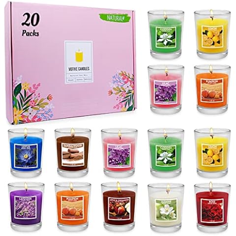 Set of 20 Assorted Colored Scented Votive Candles in Clear Glass, Small 2.0 Inch Natural Soy Wax Stress Relief Candles with 10 Different Scents for Dinner Yoga Party Gift Favors Cover