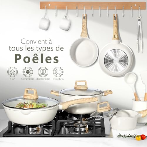 Lot de 14 casseroles et poêles en granit avec revêtement anti-adhésif, poêles de 20 + 24 + 28 cm, casseroles de 16 + 24 cm, set de casseroles à induction avec spatule et cuillère, pour tous types – Image 6