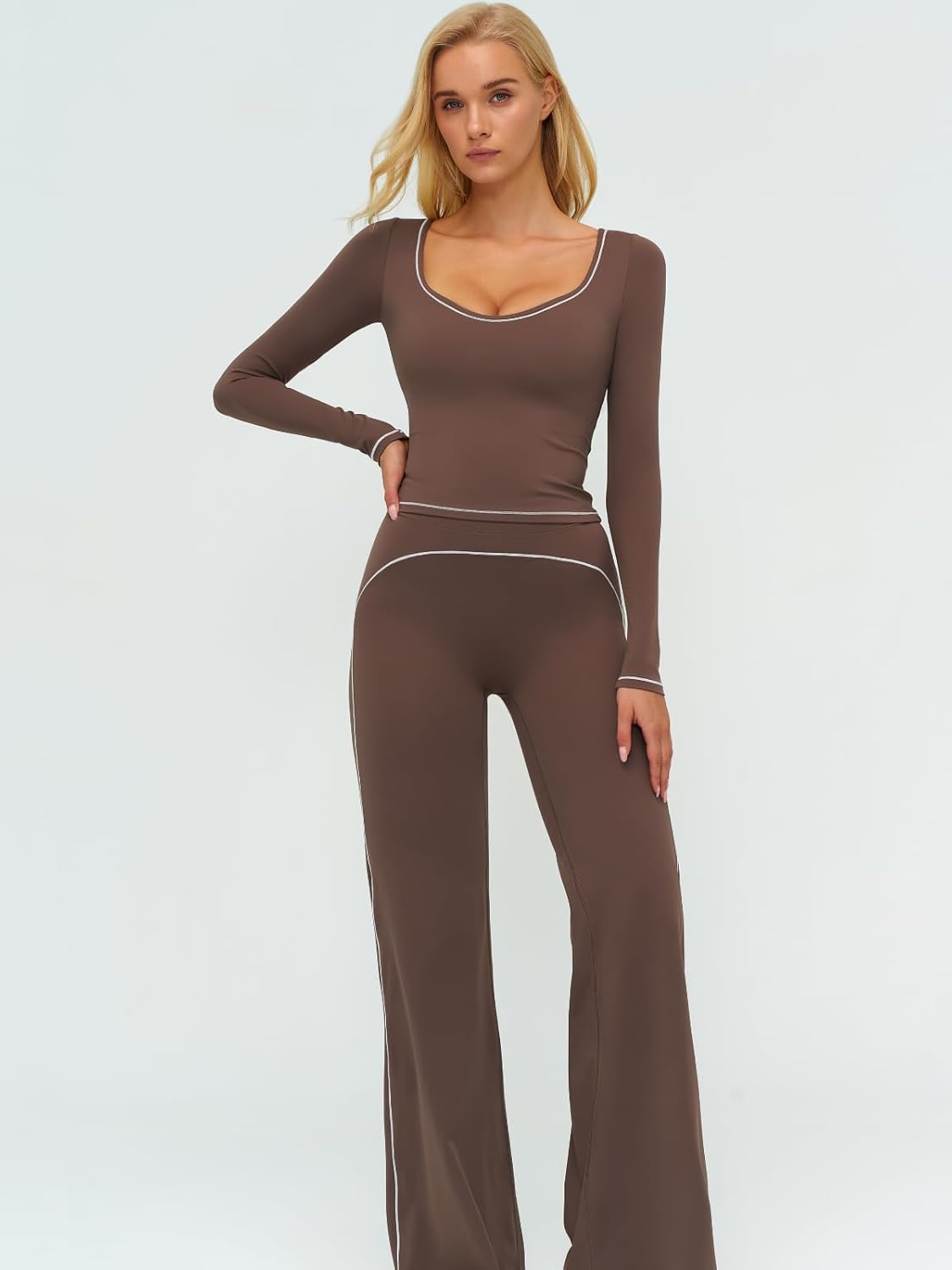 Women's 2 Piece Workout Sets Long Sleeve Crop Top High Waist Flare Pants Gym Yoga Outfits Contrast Trim - Image 2