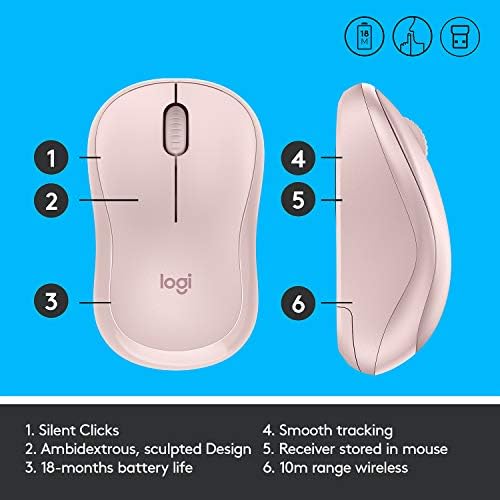 Logitech M220 SILENT Wireless Mouse, 2.4 GHz with USB Receiver, 1000 DPI Optical Tracking, 18-Month Battery, Ambidextrous, Compatible with PC, Mac, Laptop - Pink