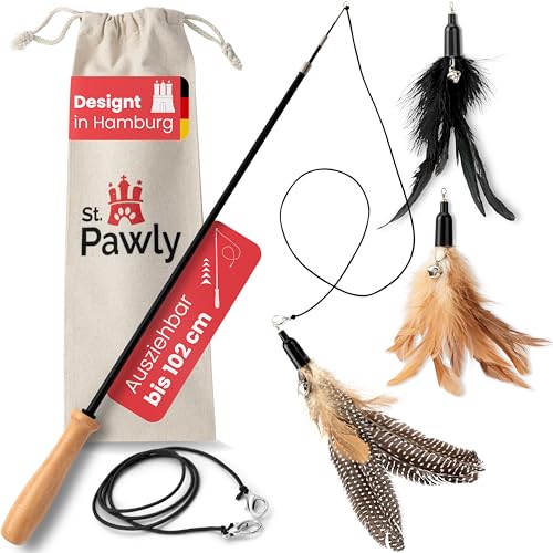 St.Pawly® Katzenangel - Katzenspielzeug - austauschbare Anhänger - Ersatzband - ergonomischer Holzgriff - nachhaltiges Spielzeug für Katzen -...