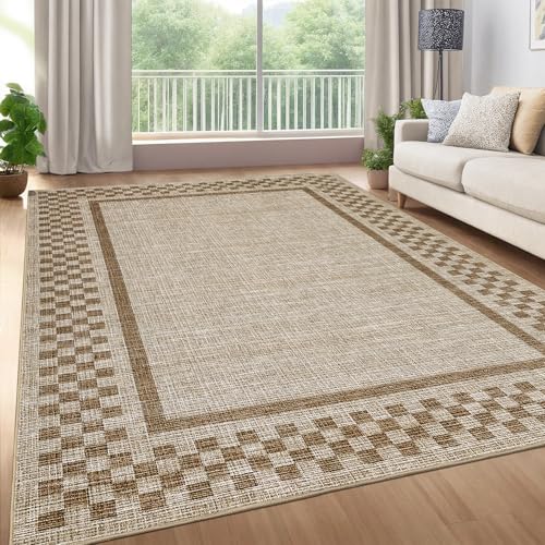 GarveeHome Modern Bordered 8x10 Area Rugs for Living Room Bedroom Soft Washable Large Bedroom Throw Carpet Non Slip Checkered Geometric Rugs for Dining Room Home Decor Office, Taupe