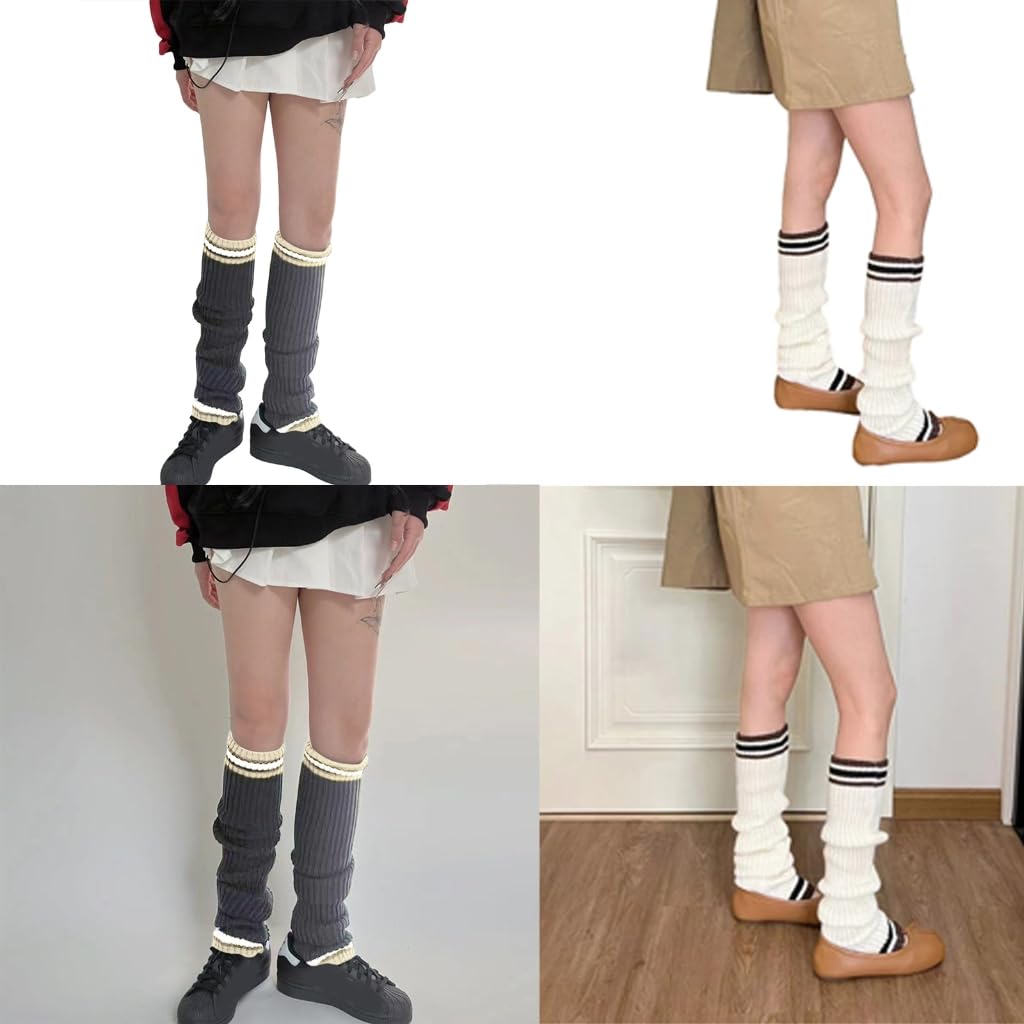 Women Ribbed Knit Leg Warmer Preppy Vintage Double Slouch Leg Boot Cuffs Stretch Long Boot Socks