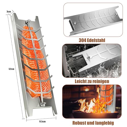 Flammlachsbrett Edelstahl, Flammlachsbrett für Feuerschale, mit Fünf Verstellwinkel für die Neigung & 180° Drehbar, Lachsbretter zum Grillen Feuerschale, Geeignet für Feuerschalen und Kugelgrills