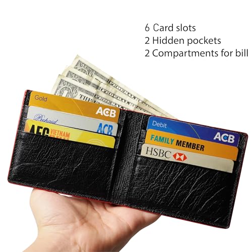 Image of HATA Red Black Ostrich Leather Bifold Wallet for Men, Double-Sided Ostrich Billfold with RFID Blocking, Handmade Leather Wallet Gift for Birthday, Anniversary, Father's Day VINAMOS-71