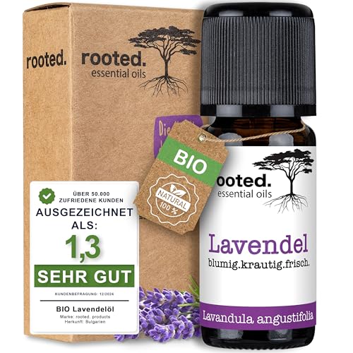 rooted.® BIO Lavendelöl 10ml [100% NATURREIN] - Echter Lavendel - Lavandula angustifolia - Ätherisches Öl für Aromatherapie, Duftlampe, Diffusoren, Raumduft, Duftkerzen und -Seifen