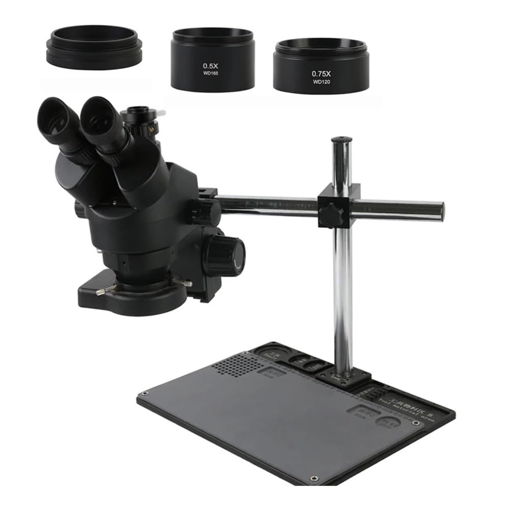 Microscope 7-45X 3.5X-90X Trinocular Stereo Zoom Microscope Phone Soldering Repair Platform Stand with 0.5X 1.0X 0.7X 2.0X Objective Lens(with 1.0X 0.5X 0.75x)