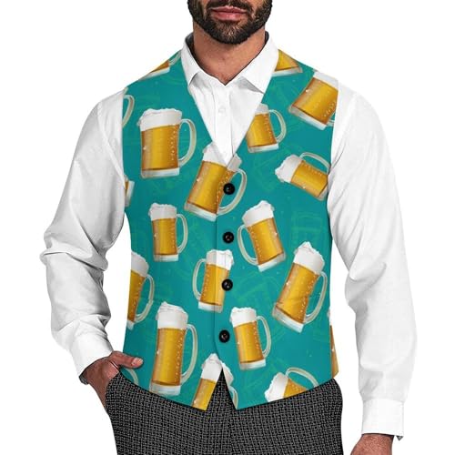 Realistic 3d Beer Mug Pattern Men's Suit Vest Slim Fit V-Ncek Waistcoat Business Casual Vest