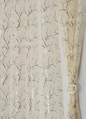 Image of littlelotus Tree Print Tissue Net Sheer Transparent Grommet Curtains for Long Door 9 feet Long Set of 2, Cream