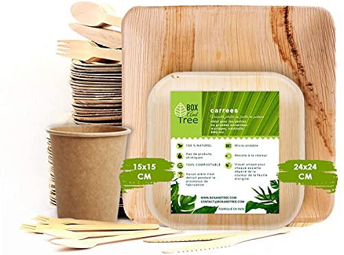 Box and Tree| 150 Pièces Vaisselle Jetable en Palmier 50x Assiettes, 75 Couverts en bois bambou(fourchette + couteau + cuillere) -25 Gobelets, Assiettes en...