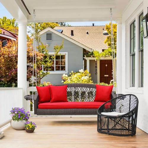 Image of HOMREST 3-Person Wicker Porch Swing with Upgraded Cup Holder, 56 Inch Patio Hanging Swing Bench Chair with Cushions, Outdoor Swing 900lbs Capacity Chains for Deck Garden Backyard (Red)