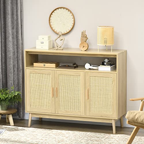 HOMCOM Kitchen Sideboard with 2 Cabinets, Boho Buffet Cabinet with 3 Rattan Decorated Doors and Adjustable Shelf, Coffee Bar Cabinet for Living Room, Hallway, Natural