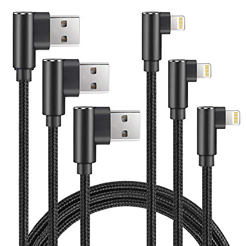 90 Degree Right Angle iPhone Charger Cable Lightning Cable 3Pack 10ft Metal Nylon Braided Cord iPhone 12/11/ Pro/Max/X/XS/XR/XS Max/ 8/ Plus/7/7 Plus/6/6S-Black