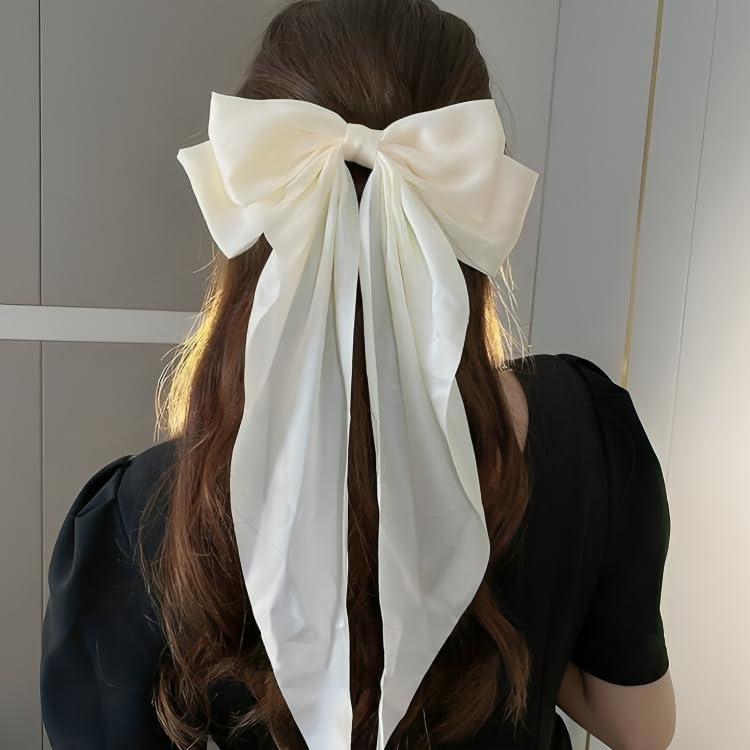 Image of FilterFashion Large Satin Hair Bow - 11.5 Inch Oversized Bow Clip for Girls & Women, Elegant Hair Accessory(White)