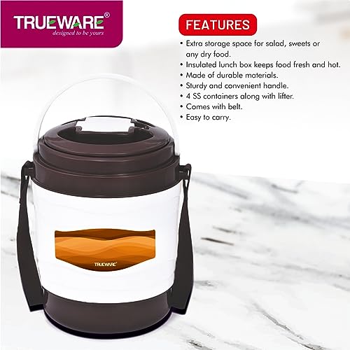 Image of Trueware Marina 4 Lunch Box with 4 Steel Container, 300 ml X 4 Brown | PU Insulated | Tiffin | Hot Lunch Box | Leak Proof | Easy to Carry | Food Grade | BPA Free | Office | Outdoors | for Men Women