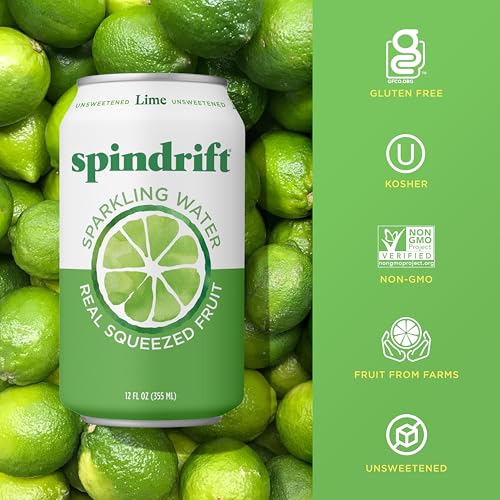 Image of Spindrift Sparkling Water, Lime Flavored, Made with Real Squeezed Fruit, 12 Fl Oz Cans, Pack of 24 (Only 4 Calories per Can)