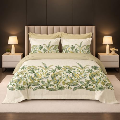 Image of LANE LINEN 100% Cotton Printed King Size Bedsheet - Green Design