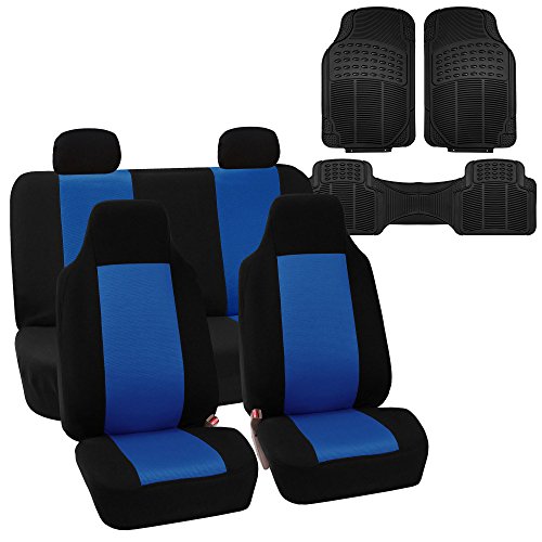 FH GROUP FH-FB102114 Full Set Classic Cloth Car Seat Covers Blue / Black Color with F11306 Vinyl Floor Mats - Fit Most Car, Truck, SUV, or Van