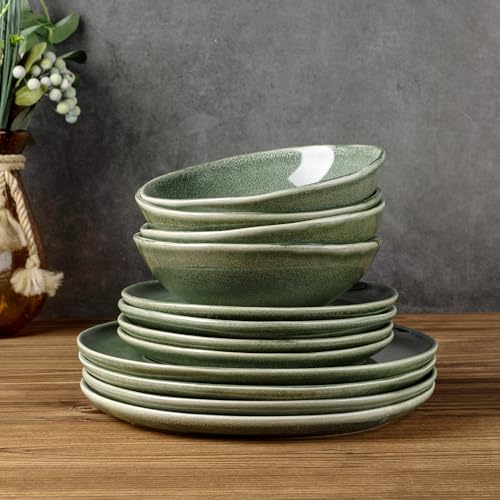 Image of AmorArc Ceramic Dinnerware Sets for 6, 18Pcs Plates and Bowls Sets Dishes | Stoneware Handmade Reactive Glaze Dinner Set, Highly Scratch Resistant | Dishwasher & Microwave Safe Dishware