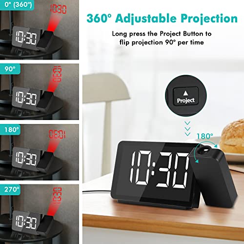 Dr.prepare Projection Alarm Clock, Digital Clock Radio With 360° Projector, Fm Radio, 4 Brightness Options, Dual Alarms, 12 / 24H, Sleep Timer, Projection Clock For Bedroom Office With Usb Port #TOP2