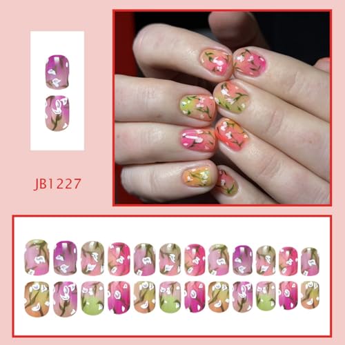 Image of Ombre Floral Press on Nails Short Square Fake Nails Gradient Pink Yellow with Green Branch Design Glossy Full Cover Stick on False Nail for Women Daily Manicure 24Pcs