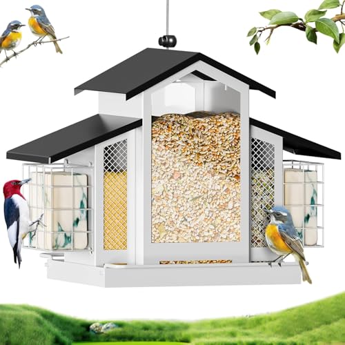 AHUONEL White Metal Bird Feeder Birdhouse, Outdoor Hanging Wild Bird Feeders for Outdoors, Perfect Birdhouses for Outside Bird Lovers