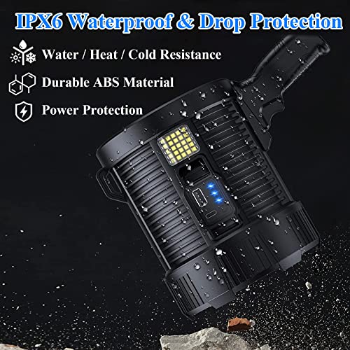Uhanciny Rechargeable Spotlight Flashlight, Solar 300000 Lumens Led Spot Lights Outdoor Handheld Large High Lumens Super Bright Searchlight With 6 Modes, 3 Colored Lenses, Usb Output, Ipx6 Waterproof #TOP3