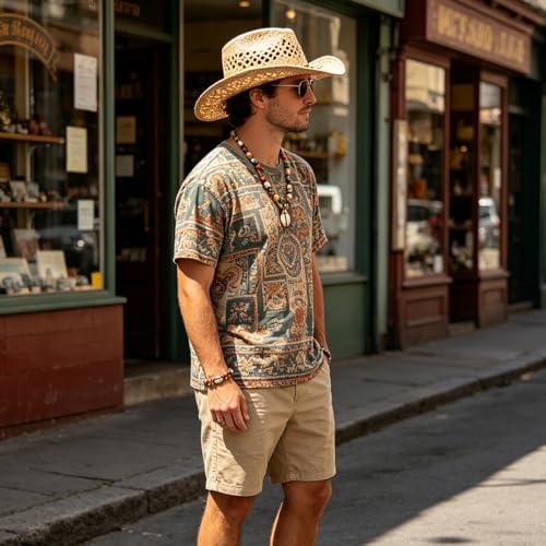 Image of Men's Cowboy Hats Summer Women Beach Cowgirl Hat Raffia Unisex Western Sun Hat