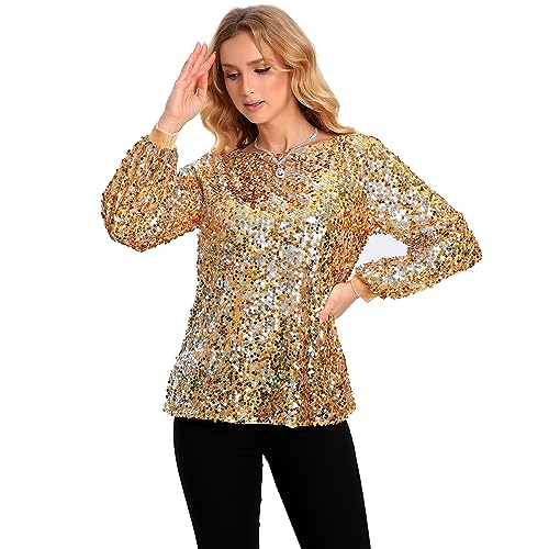 Women's Sequin Tops Long Sleeve with Belt Round Neck Glitter Casual Evening Party Pullover Sparkly Sweatshirt2
