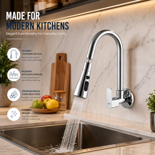 Image of ZAP Rotatable Brass Kitchen Sink Tap | 10X Flexible Neck Faucet with 3 Spray Modes (Shower, Stream & Foam) | Anti-Splash Wall Mounted Kitchen Tap | Chrome Finish Faucet for Kitchen Sink & Utility Area