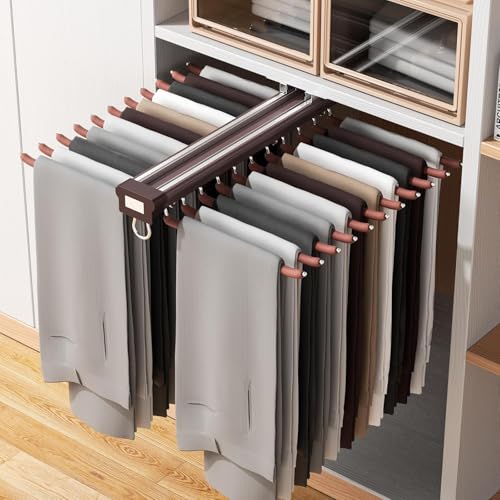 Image of ๐๐๐๐๐ Pull-Out Pants Rack Organizer for Wardrobe, 20 Rod Sliding Trouser Hanger for Closet, Heavy Duty Space Saving Jeans & Pants Holder with Smooth Slide Rail, Wardrobe Organizer - Mocha Brown