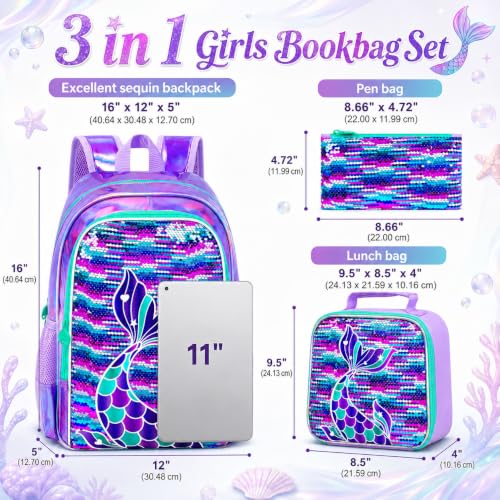 Image of 16 inch Mermaid Backpack for Girls, 3Pcs Sequin Fish Tail School Backpacks Set for Elementary Preschool Kindergarten, Kids Bookbag with Lunch Box (Purple)