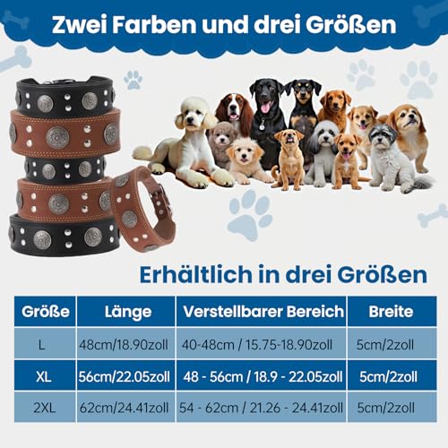 Lederhalsband Hund, 5cm Hundehalsband Leder Breit, Einstellbar Hunde Halsbänder Mit Metallschnalle, Halsband Hund Breit Für Große Und Mittelgroße Hunderassen (Schwarz, L)