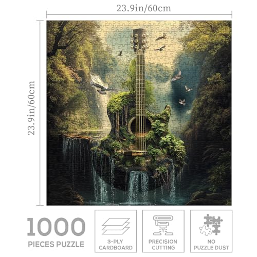 Guitar Forest Nature Puzzle 1000 Piezas para Adultos, Puzzle de Paisaje con Cascada Musical, Bosque, Aves y Plantas miniatura 3