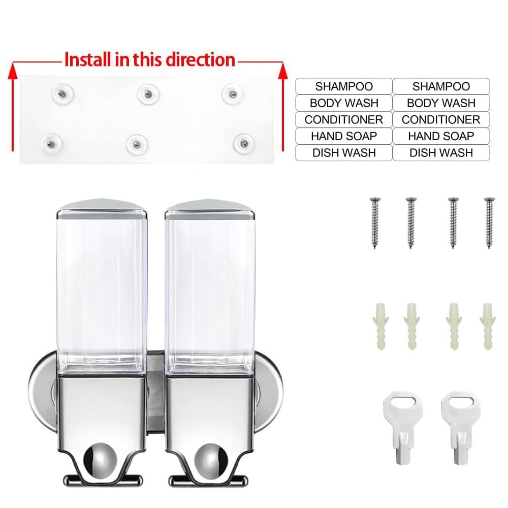 Dispensador de jabón sin taladrar con 2 cámaras para baño y cocina, dispensador de champú y acondicionador, sin taladros con adhesivo
